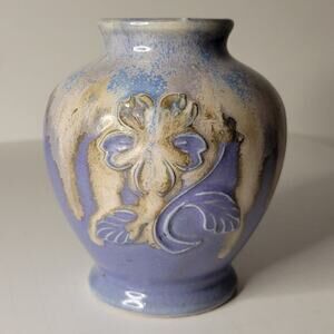 Vtg Mid Century Purple Drip Glaze Flower Vase Embossed Floral Art Pottery Japan